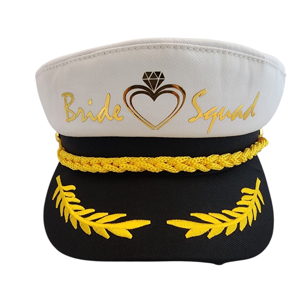 Bride Squad Captain Hat -White Cotton Hat / Gold Beautiful Metal Logo/ADJUSTABLE